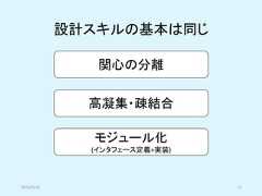 設計スキルの基本は同じ関心の分離高凝集・疎結合モジュール化(インタフェース定義+実装)2019/5/18 11 