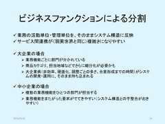 ビジネスファンクションによる分割✓業務の活動単位・管理単位を、そのままシステム構造に反映✓サービス間連携が（現実世界と同じ）複雑さになりやすい✓大企業の場合➢ 業務機能ごとに部門が分かれている➢ 商品カテゴリ、担当地域などでさらに細分化が必要かも➢ 大企業病（非効率、硬直化、調整ごとの多さ、合意形成までの時間）がシステムの開発・運用に、そのまま持ち込まれる✓中小企業の場合➢ 複数の業務機能をひとつの部門が担当する➢ 業務機能をまたがった要求がでてきやすい（システム構造との不整合がおきやすい）2019/5/18 24 