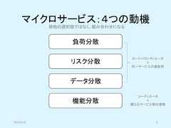 マイクロサービス：４つの動機負荷分散リスク分散データ分散機能分散ロードバランサ/ルータ＋同一サービスの複製群コーディネータ＋異なるサービス群の連携排他の選択肢ではなく、組み合わせになる2019/5/18 8 