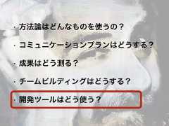 • 方法論はどんなものを使うの？• コミュニケーションプランはどうする？• 成果はどう測る？• チームビルディングはどうする？• 開発ツールはどう使う？ 