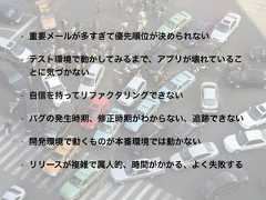 • 重要メールが多すぎて優先順位が決められない• テスト環境で動かしてみるまで、アプリが壊れていることに気づかない• 自信を持ってリファクタリングできない• バグの発生時期、修正時期がわからない、追跡できない• 開発環境で動くものが本番環境では動かない• リリースが複雑で属人的、時間がかかる、よく失敗する 