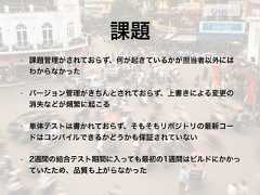 • 課題管理がされておらず、何が起きているかが担当者以外にはわからなかった• バージョン管理がきちんとされておらず、上書きによる変更の消失などが頻繁に起こる• 単体テストは書かれておらず、そもそもリポジトリの最新コードはコンパイルできるかどうかも保証されていない• 2週間の結合テスト期間に入っても最初の1週間はビルドにかかっていたため、品質も上がらなかった課題 