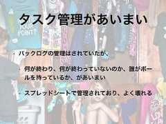 タスク管理があいまい• バックログの管理はされていたが、• 何が終わり、何が終わっていないのか、誰がボールを持っているか、があいまい• スプレッドシートで管理されており、よく壊れる 