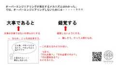 大事であると 錯覚する大事か大事ではないか明らかにする 錯覚しないようにする。オーバーエンジニアリングが発生するメカニズムはわかった。では、オーバーエンジニアリングしないためには・・・・・？？？→ 難しそう。だって人間だもの。→ なんか、こっちは出来そう。じゃあ、ベローンじゃなくて、ペロンでよくね？？？？と言えたら・・・発生しなかった←これ言えるかどうかぽい。つまり、「それ大事？」「それ必要ですか？」「それ意味ある？」といえること。 