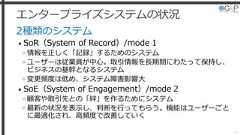 エンタープライズシステムの状況2種類のシステム• SoR（System of Record）/mode 1»情報を正しく「記録」するためのシステム»ユーザーは従業員が中心。取引情報を長期間にわたって保持し、ビジネスの基幹となるシステム»変更頻度は低め、システム障害影響大• SoE（System of Engagement）/mode 2»顧客や取引先との「絆」を作るためにシステム»最新の状況を表示し、判断を行ってもらう。機能はユーザーごとに最適化され、高頻度で改善していく10 