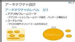 アーキテクチャ設計アーキテクチャのレベル 3/3• アプリ内/フレームワーク»アプリケーションフレームワーク選定、パッケージ構成など• コードレベル»クラス分割やメソッドコールの方法など21クラスアプリクラスクラスクラスライブラリフレームワーククラスライブラリmylist.stream().filter(v -> v > 1).forEach(System.out::println); 