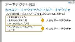 アーキテクチャ設計大きなアーキテクチャと小さなアーキテクチャ• 5つの階層（※エンタープライズシステムにおける）»企業全体システム»企業内/システム間»システム内/アプリ間»アプリ内/フレームワーク»コード22大きなアーキテクチャ小さなアーキテクチャ 