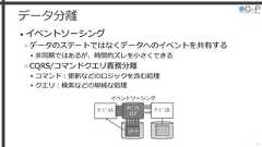 データ分離• イベントソーシング»データのステートではなくデータへのイベントを共有する▸非同期ではあるが、時間的ズレを小さくできる»CQRS/コマンドクエリ責務分離▸コマンド：更新などのロジックを含む処理▸クエリ：検索などの単純な処理46ｲﾍﾞﾝﾄｽﾄｱｻｰﾋﾞｽA ｻｰﾋﾞｽBｽﾃｰﾄイベントソーシング 