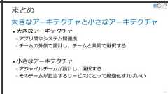 まとめ大きなアーキテクチャと小さなアーキテクチャ• 大きなアーキテクチャ»アプリ間やシステム間連携»チームの外側で設計し、チームと共同で選択する• 小さなアーキテクチャ»アジャイルチームが設計し、選択する»そのチームが担当するサービスにとって最適化すればいい54 