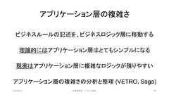 アプリケーション層の複雑さビジネスルールの記述を、ビジネスロジック層に移動する理論的にはアプリケーション層はとてもシンプルになる現実はアプリケーション層に複雑なロジックが残りやすいアプリケーション層の複雑さの分析と整理 (VETRO, Saga)2019/3/22 ©有限会社 システム設計 116 