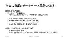 事実の記録：データベース設計の基本事実の記録の原則• NULL という事実はない• NOT NULL 制約にできないカラムは事実の記録として欠陥• オプショナルな項目は、別テーブルにする• 発生時点の異なる事実は、別テーブルにする• 有効な値の範囲を定義する(型指向の設計）外部キー制約には２つの意味がある• 事実の前後関係（重要）• 同じ時点の事実を別テーブルにしている関係（別事実に分解すべき可能性）2019/3/22 ©有限会社 システム設計 126 