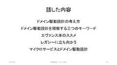 話した内容2019/3/22 ©有限会社 システム設計 132ドメイン駆動設計の考え方ドメイン駆動設計を理解する三つのキーワードエヴァンス本のススメレガシーに立ち向かうマイクロサービスとドメイン駆動設計 