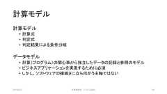 計算モデル計算モデル• 計算式• 判定式• 判定結果による条件分岐データモデル• 計算（プログラム）の関心事から独立したデータの記録と参照のモデル• ビジネスアプリケーションを実現するために必須• しかし、ソフトウェアの複雑さに立ち向かう主軸ではない2019/3/22 ©有限会社 システム設計 28 