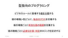 型指向のプログラミングビジネスルールに登場する値を分類する値の種類(=型)ごとに、独自のクラスを定義する値の種類ごとに有効な値の範囲を定義する値の種類ごとに必要な計算・判定のロジックを記述する2019/3/22 ©有限会社 システム設計 36 