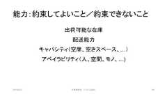 能力：約束してよいこと／約束できないこと出荷可能な在庫配送能力キャパシティ（空席、空きスペース、…）アベイラビリティ（人、空間、モノ、…)2019/3/22 ©有限会社 システム設計 88 
