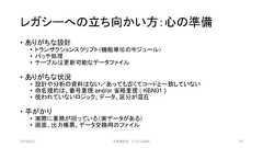 レガシーへの立ち向かい方：心の準備• ありがちな設計• トランザクションスクリプト（機能単位のモジュール）• バッチ処理• テーブルは更新可能なデータファイル• ありがちな状況• 設計や分析の資料はない／あっても古くてコードと一致していない• 命名規約は、番号重視 and/or 省略重視 ( KBN01 )• 使われていないロジック、データ、区分が混在• 手がかり• 実際に業務が回っている（実データがある）• 画面、出力帳票、データ交換用のファイル2019/3/22 ©有限会社 システム設計 97 