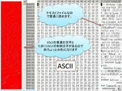 テキストファイルなの   で普通に読めます。    ASCIIの普通の文字とたまにCR/LFの制御文字があるので  赤(ちょっと水色)になります       ASCII                     24 / 83 