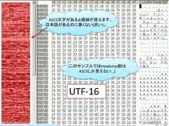 ASCII文字があると縦線が見えます。日本語があるのに黒くない(赤い)。      (このサンプルではHexdump側は         ASCIIしか見えない…)       UTF-16                           29 / 83 