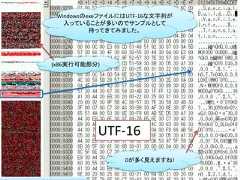 WindowsのexeファイルにはUTF-16な文字列が   入っていることが多いのでサンプルとして          持ってきてみました。(x86実行可能部分)          UTF-16                 0が多く見えますね!                                30 / 83 