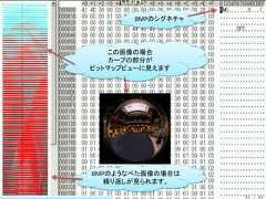 BMPのシグネチャ   この画像の場合    カーブの部分がビットマップビューに見えますBMPのようなべた画像の場合は   繰り返しが見られます。                   35 / 83 