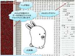 ヘッダ部分 JPGなど圧縮された           JPEGのシグネチャデータがあるファイルはぐちゃぐちゃに見えます。                jpg        (元画像)                                   46 / 83 