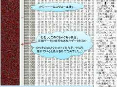 (さらーーーにスクロール後) むむっ、このぐちゃぐちゃ具合、圧縮データor暗号化されたデータだな!?(さっきのzipとくっつけてみたが、やはり 壊れていると表示されてだめでした。)                        66 / 83 