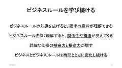 ビジネスルールを学び続ける2019/8/31 22ビジネスルールの知識を広げると、要求の意味が理解できるビジネスルールを深く理解すると、関係性や構造が見えてくる詳細な仕様の補完力と提案力が増すビジネスとビジネスルールは時間とともに変化し続ける 