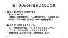 値オブジェクト（独自の型）の効果2019/8/31 38➢独自の型はロジックを集約する• 型名＝ルール名• 金額型＝金額の計算ルール、金額の判断ルールの置き場所• ロジックが一か所に集まる（コードの重複を防ぐ）➢独自の型は可読性を向上する• コードの曖昧性が減る → コードの意図が理解しやすい• プリミティブな型は汎用。独自の型は用途限定。• 整数演算をしたいのではなく、金額計算をしたい。 
