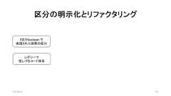 区分の明示化とリファクタリング2019/8/31 42if文やboolean で表現された暗黙の区分レガシーで怪しげなコード体系 