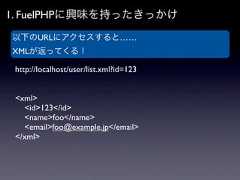 1. FuelPHPに興味を持ったきっかけ以下のURLにアクセスすると……XMLが返ってくる！ http://localhost/user/list.xml?id=123 <xml>   <id>123</id>   <name>foo</name>   <email>foo@example.jp</email> </xml> 