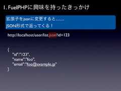 1. FuelPHPに興味を持ったきっかけ拡張子をjsonに変更すると……JSON形式で返ってくる！ http://localhost/user/list.json?id=123 {     "id":"123",     "name":"foo",     "email":"foo@example.jp" } 