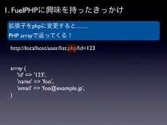 1. FuelPHPに興味を持ったきっかけ拡張子をphpに変更すると……PHP arrayで返ってくる！ http://localhost/user/list.php?id=123 array (    'id' => '123',    'name' => 'foo',    'email' => 'foo@example.jp', ) 