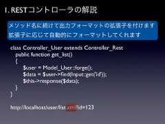 1. RESTコントローラの解説メソッド名に続けて出力フォーマットの拡張子を付けます拡張子に応じて自動的にフォーマットしてくれます class Controller_User extends Controller_Rest  public function get_list()  {   $user = Model_User::forge();   $data = $user->ﬁnd(Input::get('id'));   $this->response($data);  } } http://localhost/user/list.xml?id=123 