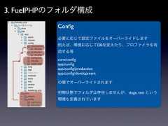 3. FuelPHPのフォルダ構成          Conﬁg          必要に応じて設定ファイルをオーバーライドします          例えば、環境に応じてDBを変えたり、プロファイラを有          効する等          core/conﬁg          app/conﬁg          app/conﬁg/production or app/conﬁg/development          の順でオーバーライドされます          productionまたはdevelopmentは、環境に応じて読み込まれ          ます          初期状態でフォルダは存在しませんが、stage, test という          環境も定義されています 