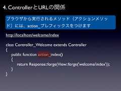 4. ControllerとURLの関係 ブラウザから実行されるメソッド（アクションメソッ ド）には、action_プレフィックスをつけますhttp://localhost/welcome/indexclass Controller_Welcome extends Controller{ public function action_index() {  return Response::forge(View::forge('welcome/index')); }} 