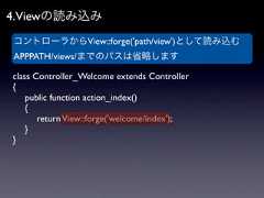 4.Viewの読み込みコントローラからView::forge('path/view')として読み込むAPPPATH/views/までのパスは省略しますclass Controller_Welcome extends Controller{ public function action_index() {  return View::forge('welcome/index'); }} 