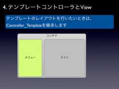4. テンプレートコントローラとViewテンプレートのレイアウトを行いたいときは、Controller_Templateを継承します                コンテナ       メニュー            メイン 