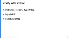 Copyright (C) 2018 Yahoo Japan Corporation. All Rights Reserved. 50Verify Attestation challenge、origin、typeの検証 flagsの検証 signatureの検証 