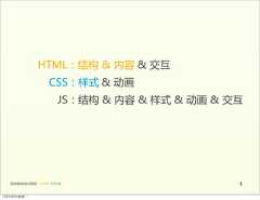 HTML：结构  &  内容 &  交互                           CSS：样式  &  动画                                                                       JS：结构  &  内容  &  样式  &  动画  &  交互   前端基础培训课程  -  HTML  CSS  JS                                       512年4月9日星期⼀一 