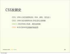 CSS发展史                        CSS1    1996.12成为推荐标准（字体，颜色、空白边）                        CSS2    1998.5成为推荐标准  (浮动,定位,选择器)                        CSS2.1  2002年修订(伪类，属性选择器)                        CSS3    未正式发布但已普遍开始应用   前端基础培训课程  -  HTML  CSS  JS                             2612年4月9日星期⼀一 