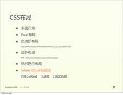 CSS布局                 •      表格布局                 •      float布局                 •      负边距布局                        http://www.cnblogs.com/mofish/archive/2011/01/18/1938543.html                 •      圣杯布局                        参考：http://www.alistapart.com/articles/holygrail                 •      绝对定位布局                 •      inline-block布局法                        YUI  CssGrid          1.定宽        2.流式布局     前端基础培训课程  -  HTML  CSS  JS                                                      3712年4月9日星期⼀一 