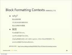 Block  Formatting  Contexts  块级格式化上下文                 •      why?                        阻止边距折叠                        可以包含内部元素的浮动                        阻止元素被浮动覆盖                 •      触发                        float的值不为none。                        overflow的值不为visible。                        display的值为table-cell,  table-caption,  inline-block中的任何一个。                        position的值不为relative和static。                 BFC相关资料：http://www.yuiblog.com/blog/2010/05/19/css-101-block-formatting-contexts   前端基础培训课程  -  HTML  CSS  JS                                                                  3812年4月9日星期⼀一 