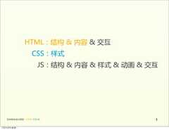 HTML：结构  &  内容 &  交互                           CSS：样式                                     JS：结构  &  内容  &  样式  &  动画 &  交互                                                           &   画     前端基础培训课程  -  HTML  CSS  JS                                     512年4月9日星期⼀一 