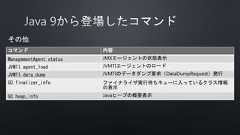 コマンド 内容ManagementAgent.status JMXエージェントの状態表示JVMTI.agent_load JVMTIエージェントのロードJVMTI.data_dump JVMTIのデータダンプ要求（DataDumpRequest）発行GC.finalizer_info ファイナライザ実行待ちキューに入っているクラス情報の表示GC.heap_info Javaヒープの概要表示その他 