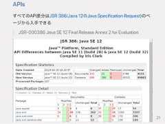 APIsすべてのAPI差分はJSR386(Java12のJavaSpecificationRequest)のページから入手できるJSR‑000386JavaSE12FinalReleaseAnnex2forEvaluation21 