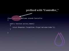 preﬁxed with "Controller_"class Controller_Welcome extends Controller{   public function action_index()   {    return Response::forge(View::forge('welcome/index'));   }} 