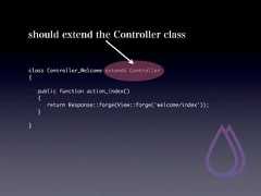 should extend the Controller classclass Controller_Welcome extends Controller{   public function action_index()   {    return Response::forge(View::forge('welcome/index'));   }} 