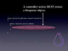 A controller action MUST return                    a Response object.class Controller_Welcome extends Controller{   public function action_index()   {    return Response::forge(View::forge('welcome/index'));   }} 
