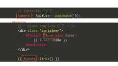 // Controller にて$users = App¥User::paginate(15);{{-- blade template にて --}}<div class="container">@foreach ($users as $user){{ $user->name }}@endforeach</div>{{ $users->links() }} 