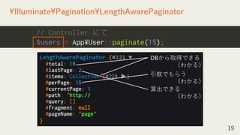 19¥Illuminate¥Pagination¥LengthAwarePaginator// Controller にて$users = App¥User::paginate(15);DBから取得できる（わかる）引数でもらう（わかる）算出できる（わかる） 